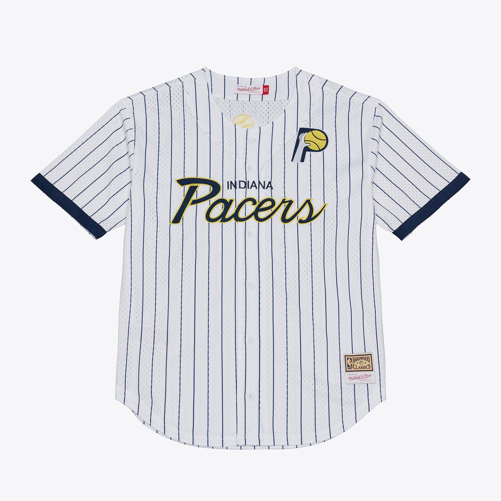 Men's Indiana Pacers Mitchell & Ness White Head Coach Pinstripe Mesh Full-Button Baseball Jersey