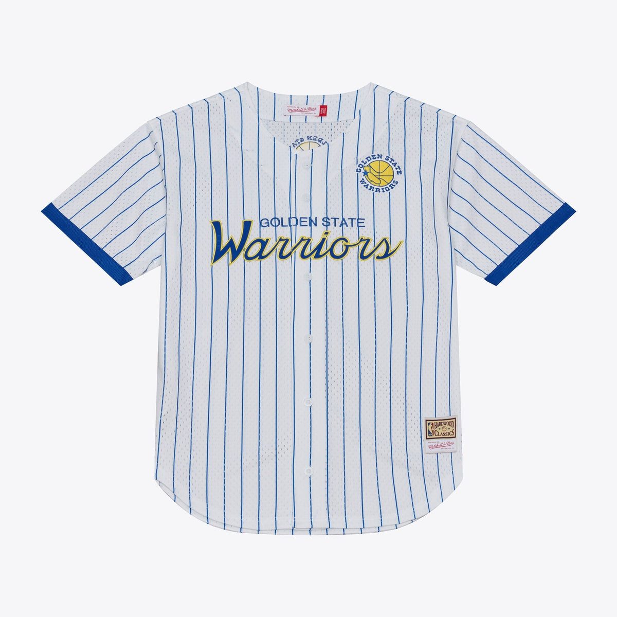 Men's Golden State Warriors Mitchell & Ness White Head Coach Pinstripe Mesh Full-Button Baseball Jersey