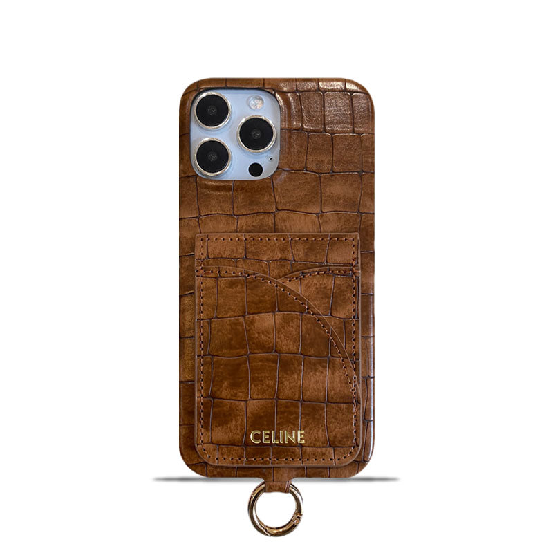 Alligator Print Celine iPhone Case With Card Holder And Strap Brown - product view 1