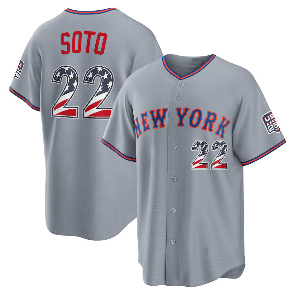 Baseball Jersey | New York Mets #22 Juan Soto USA 250 Fourth of July Road Stadium Jersey - Gray Puhics - image 1