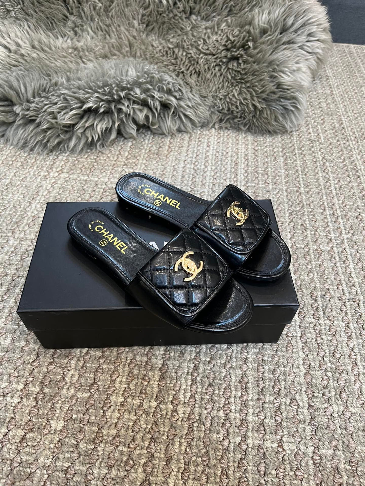 diamond-quilted flat slides with metal embellishments - product view 3
