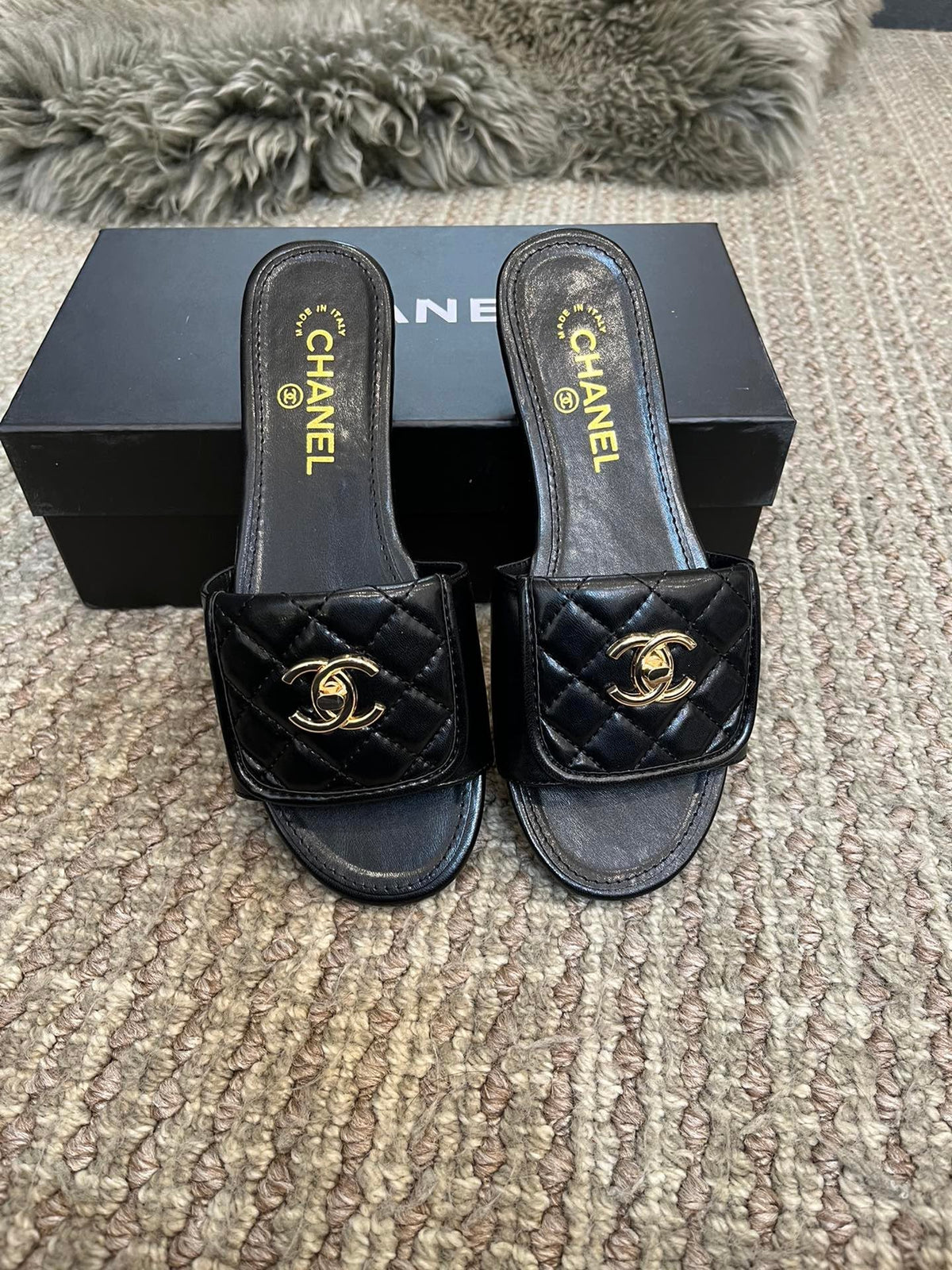 diamond-quilted flat slides with metal embellishments - product view 1