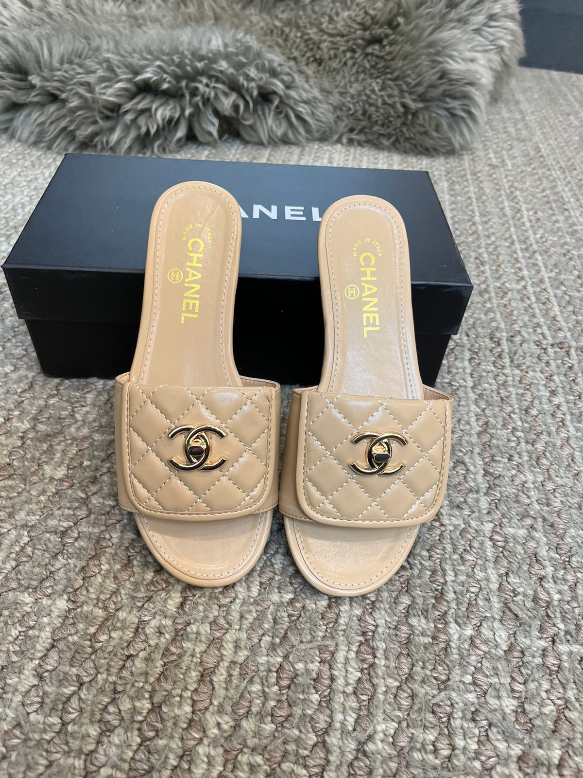 diamond-quilted flat slides with metal embellishments - product view 6