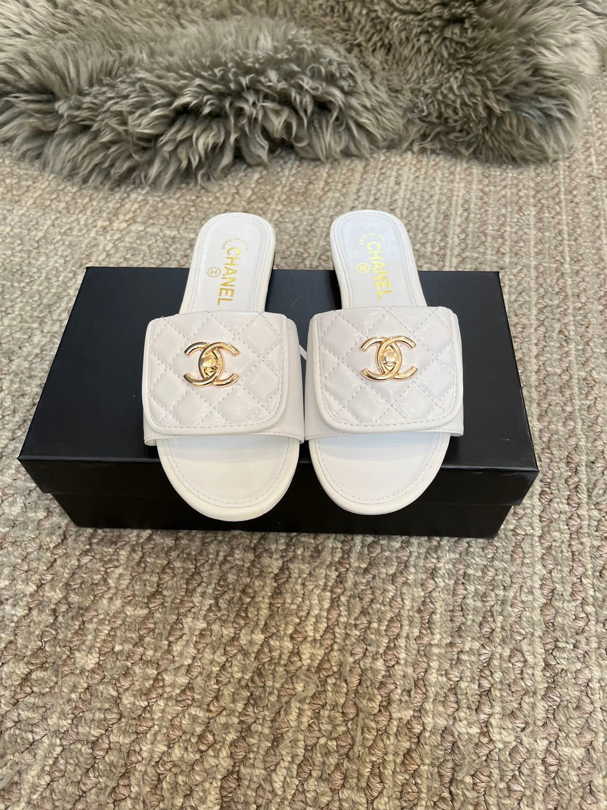 diamond-quilted flat slides with metal embellishments - product view 7