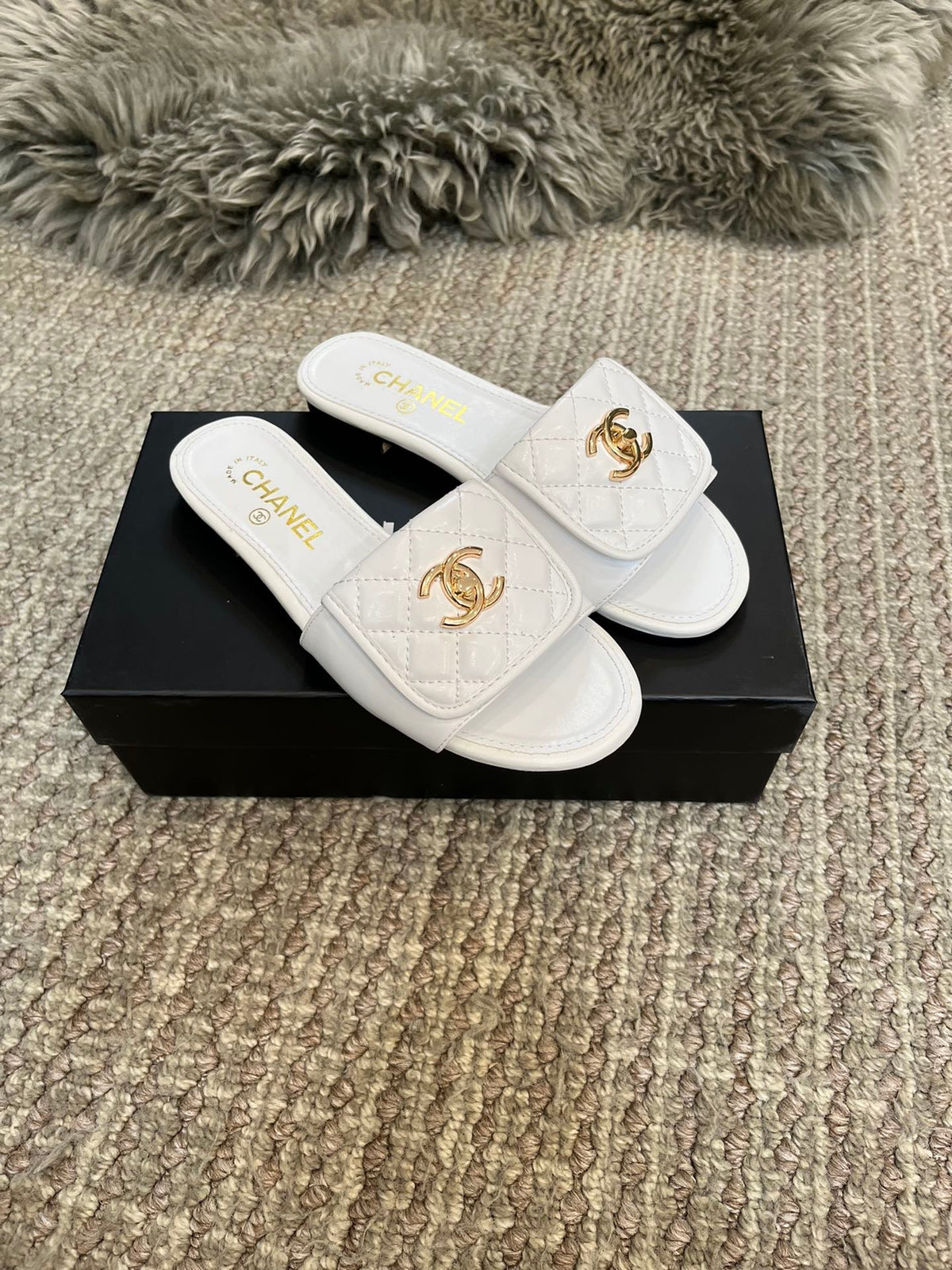 diamond-quilted flat slides with metal embellishments - product view 8