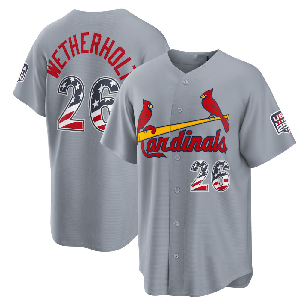 Baseball Jersey | St. Louis Cardinals #26 JJ Wetherholt USA 250 Fourth of July Road Stadium Jersey - Gray Puhics - image 1