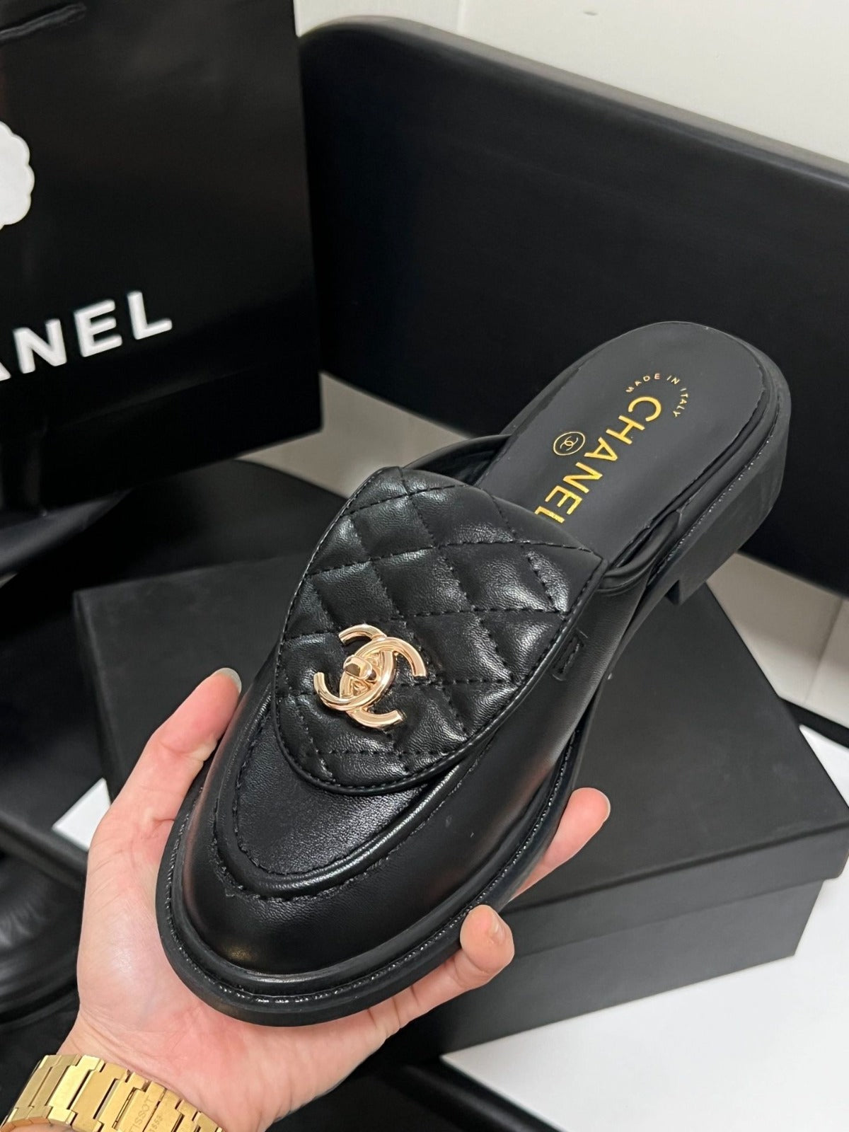 Light Quilted Metal Buckle Mules - product view 2