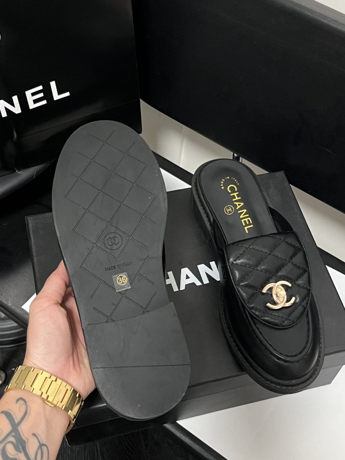 Light Quilted Metal Buckle Mules - product view 3