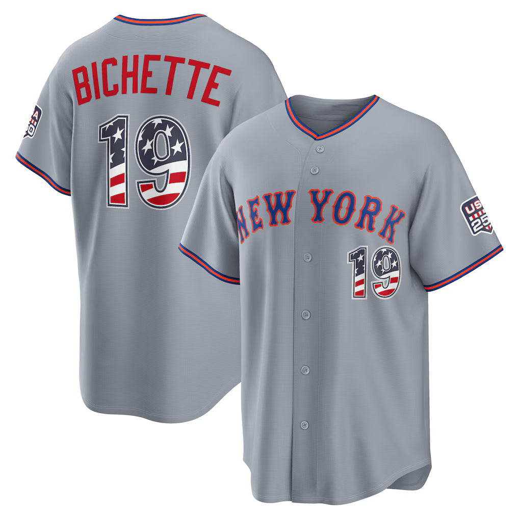 Baseball Jersey | New York Mets #19 Bo Bichette USA 250 Fourth of July Road Stadium Jersey - Gray Puhics - image 1