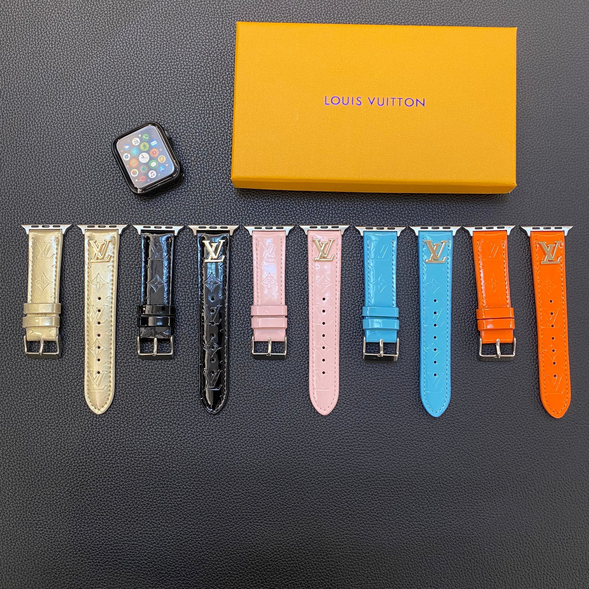 GLOSSY LEATHER APPLE WATCH STRAP METAL LOGO - product view 3