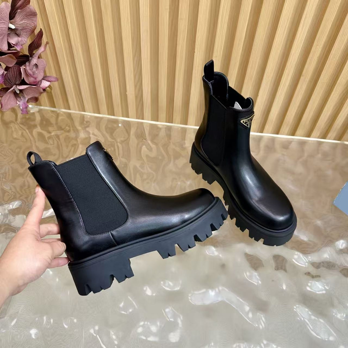 Prada Stride Brushed Leather Booties 'Black' - product view 1