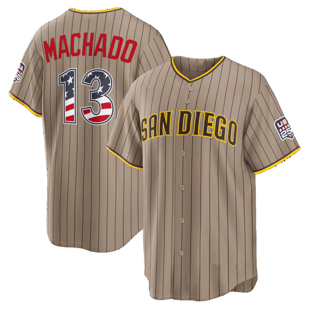 Baseball Jersey | San Diego Padres #13 Manny Machado USA 250 Fourth of July Alternate Stadium Jersey - Sand Puhics - image 1