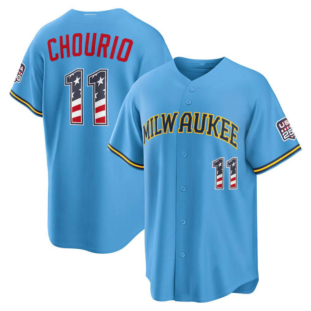 Baseball Jersey | Milwaukee Brewers #11 Jackson Chourio USA 250 Fourth of July Road Stadium Jersey - Light Blue Puhics - image 1