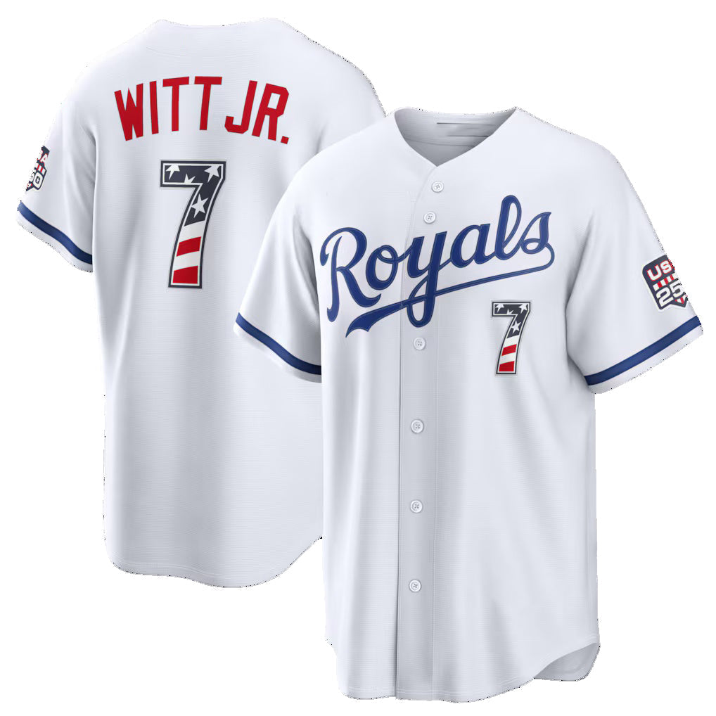Baseball Jersey | Kansas City Royals #7 Bobby Witt Jr. USA 250 Fourth of July Home Stadium Jersey - White Puhics - image 1
