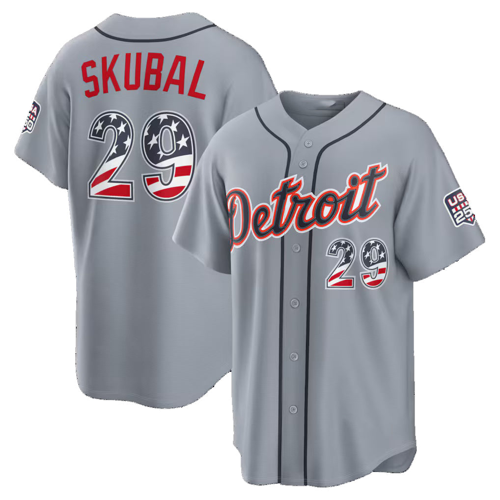 Baseball Jersey | Detroit Tigers #29 Tarik Skubal USA 250 Fourth of July Road Stadium Jersey - Gray Puhics - image 1