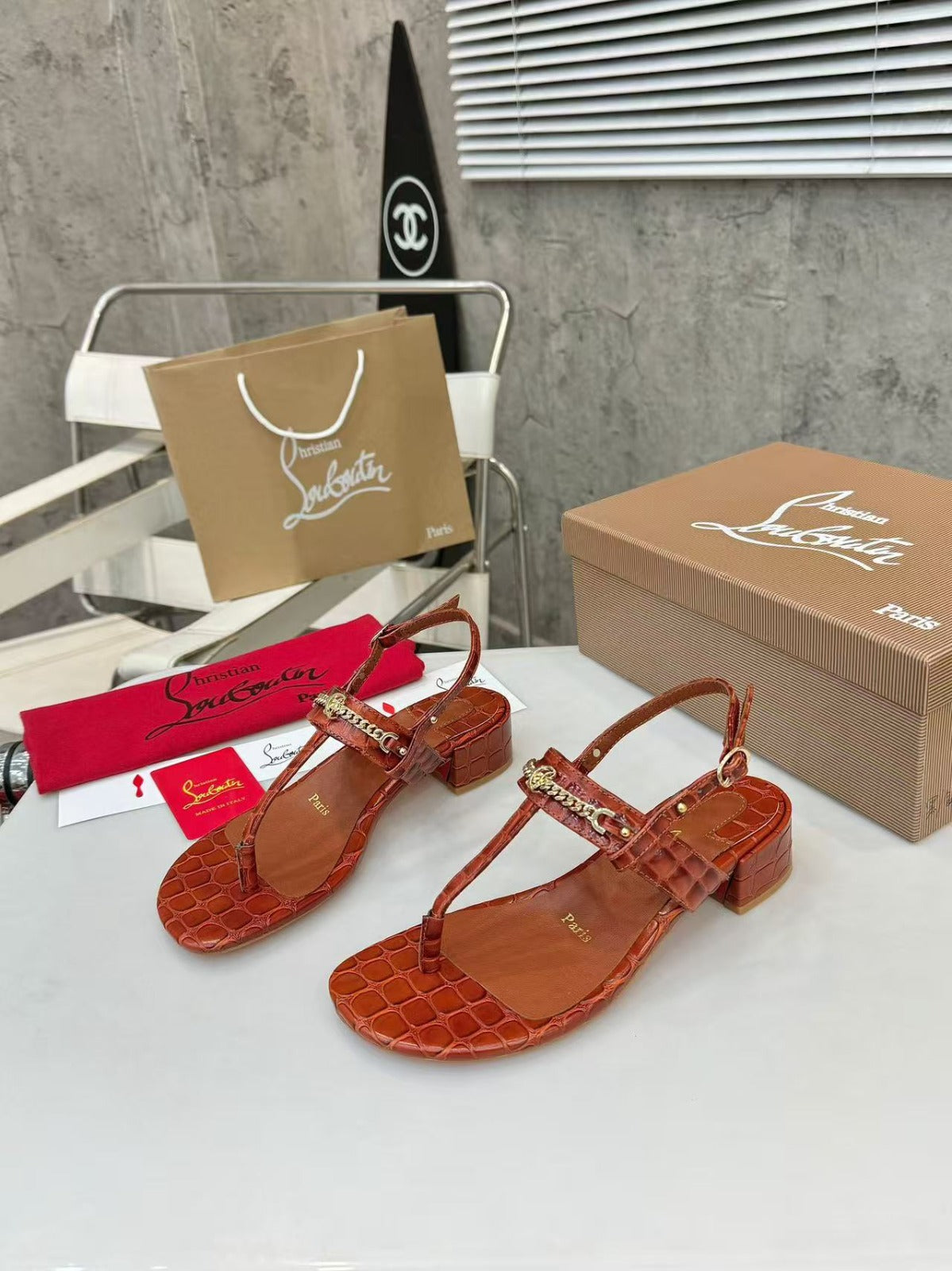 Christian Louboutin MJ Thong Leather Croc-Embossed Thong Sandals - product view 1