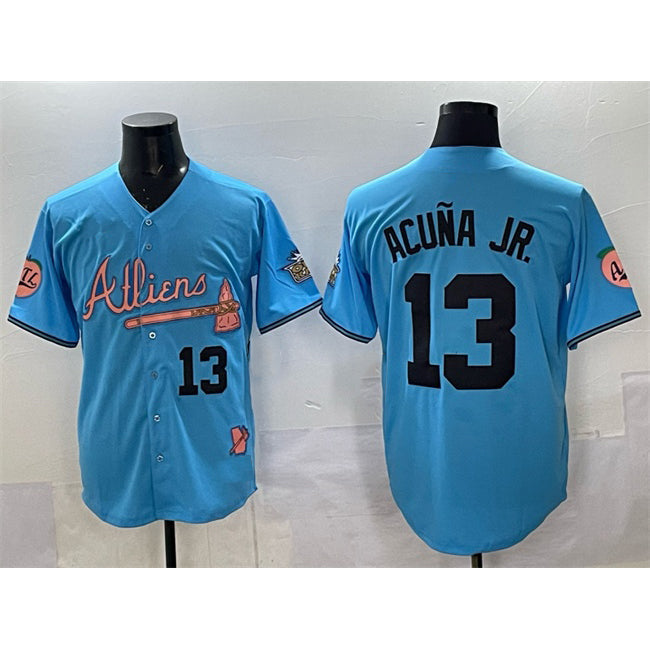 Baseball Jersey | Atlanta Braves #13 Ronald Acuna Jr. Blue 2024 Atliens & Peach With Outkast Patch Vapor Limited Stitched - image 1