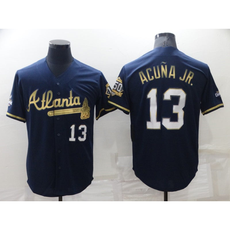Baseball Jersey | Atlanta Braves #13 Ronald Acuna Jr Navy Blue 2021 World Series Champions Golden Edition Stitched Cool - image 1