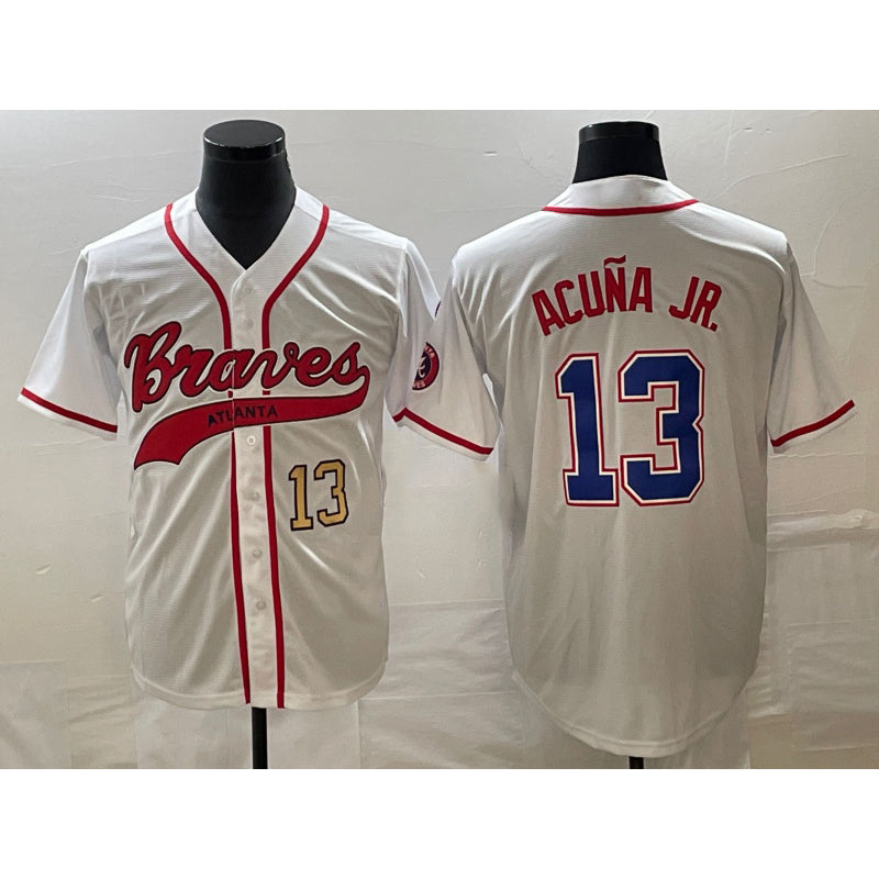 Baseball Jersey | Atlanta Braves #13 Ronald Acuna Jr Number White With Patch Stitched - image 1