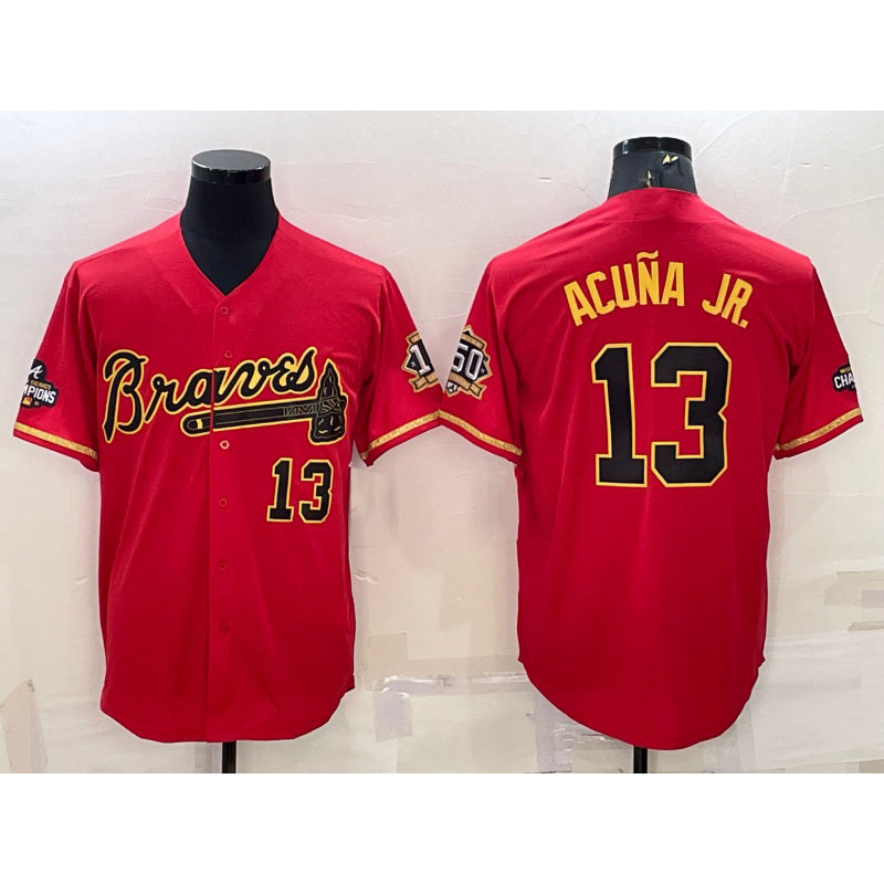 Baseball Jersey | Atlanta Braves #13 Ronald Acuna Jr Red Gold World Series Champions Program Stitched - image 1