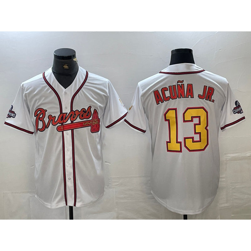 Baseball Jersey | Atlanta Braves #13 Ronald Acuna Jr White Gold 2021 World Series Champions Stitched Cool - image 1