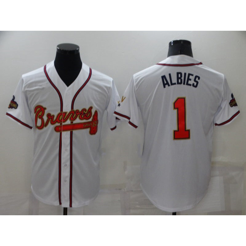 Baseball Jersey | Atlanta Braves #1 Ozzie Albies 2022 White Gold World Series Champions Program Stitched - image 1