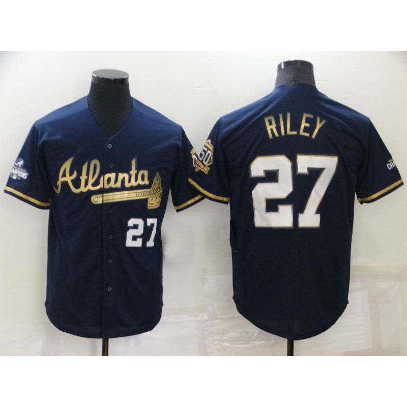 Baseball Jersey | Atlanta Braves #27 Austin Riley 2022 Navy Blue 2021 World Series Champions Golden Edition Stitched Cool - image 1