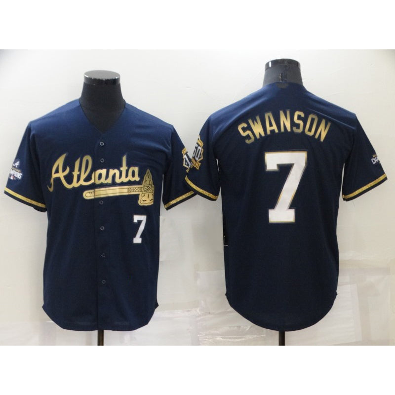 Baseball Jersey | Atlanta Braves #7 Dansby Swanson Navy Blue 2021 World Series Champions Golden Edition Stitched Cool - image 1