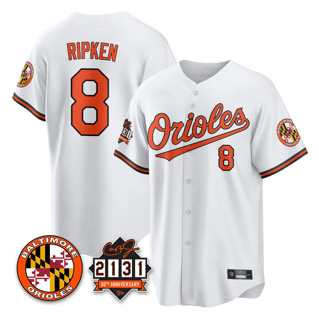 Baseball Jersey | Baltimore Orioles #8 Cal Ripken Player White 30th Anniversary of 2131 Home Game Stitched - image 1