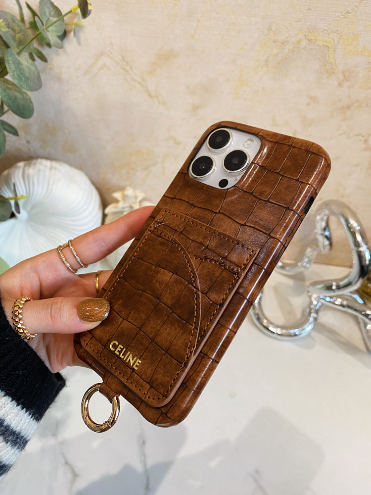 Alligator Print Celine iPhone Case With Card Holder And Strap Brown - product view 3