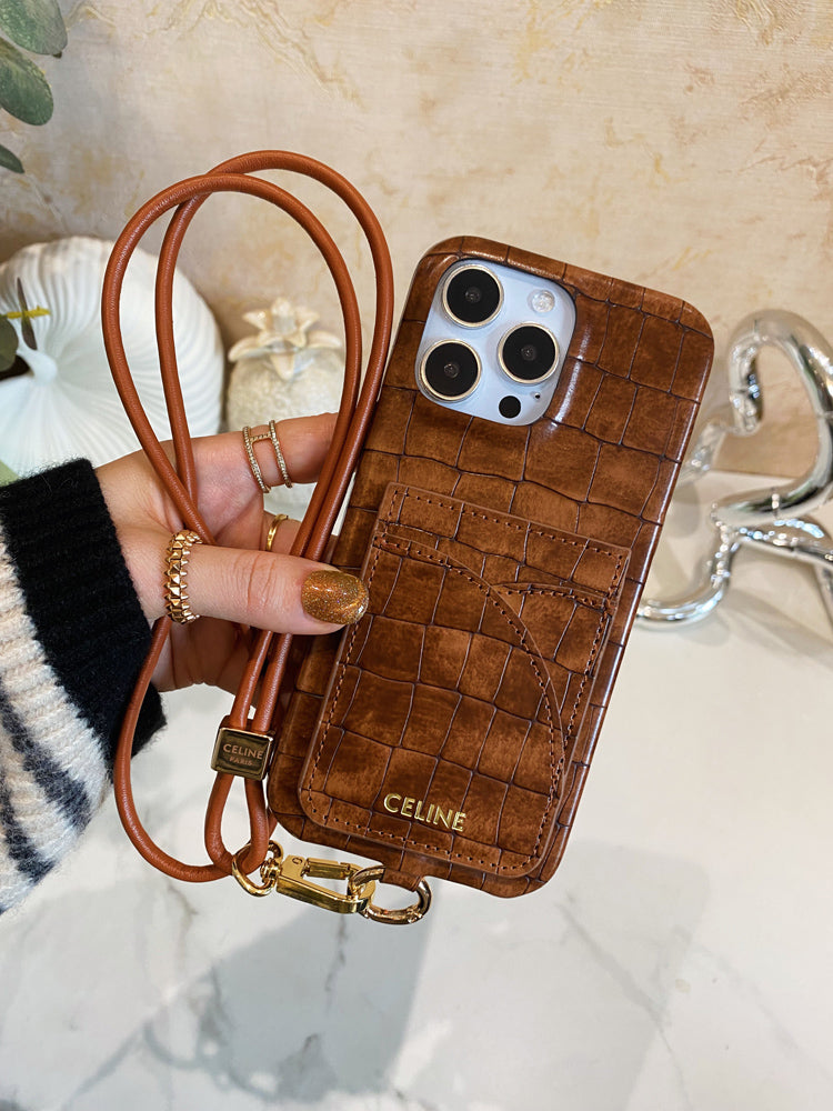 Alligator Print Celine iPhone Case With Card Holder And Strap Brown - product view 6