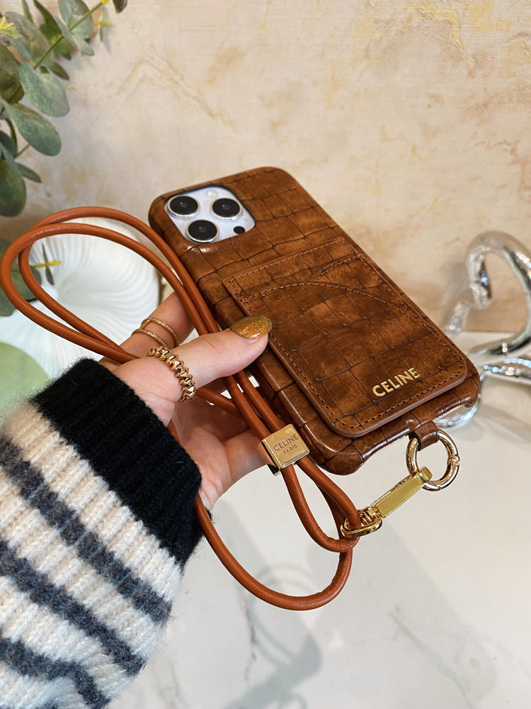 Alligator Print Celine iPhone Case With Card Holder And Strap Brown - product view 4