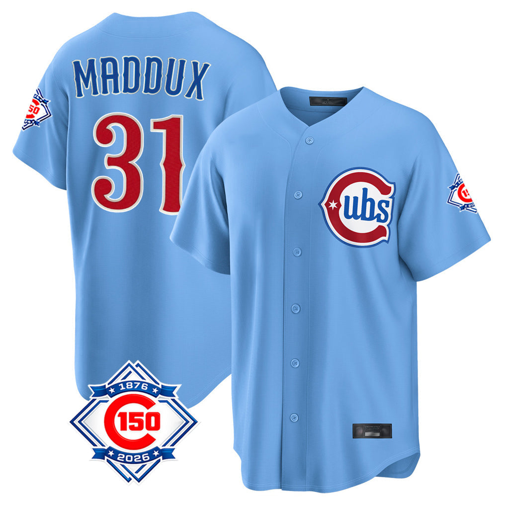Baseball Jersey | Chicago Cubs #31 Greg Maddux Player Light Blue 150th Anniversary Home Game Stitched - image 1