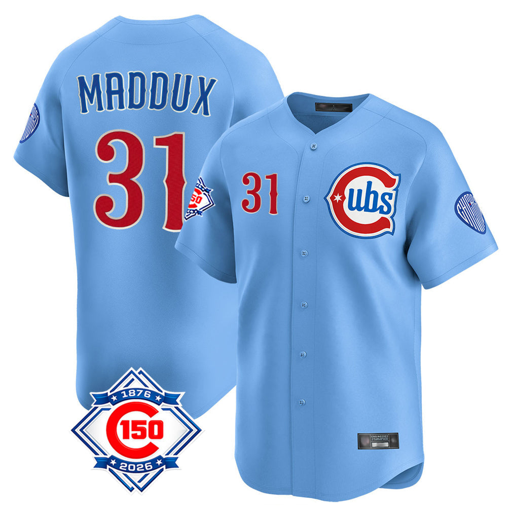 Baseball Jersey | Chicago Cubs #31 Greg Maddux Player Light Blue 150th Anniversary Limited Home Stitched - image 1