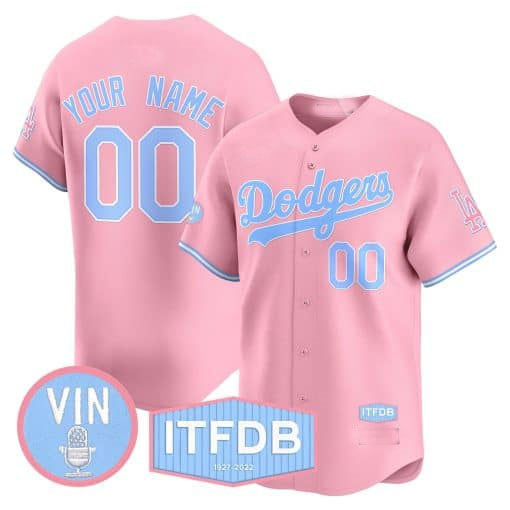 Baseball Jersey | Dodgers Vin ITFDB Patch Bubblegum Pink Limited Custom Jersey ¨C All Stitched-Pink Gold - image 1