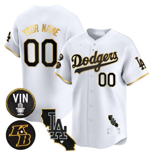 Baseball Jersey | Dodgers Vin Patch & Kobe Bryant Gold Trim Limited Custom Jersey V2 ¨C White Gold - image 1