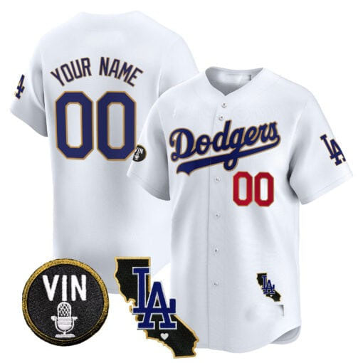 Baseball Jersey | Dodgers Vin & California Patch Gold Trim Limited Custom Jersey ¨C White Gold - image 1