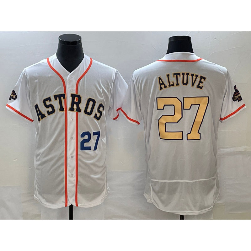 Baseball Jersey | Houston Astros #27 Jose Altuve Number 2023 White Gold World Serise Champions Patch Stitched - image 1