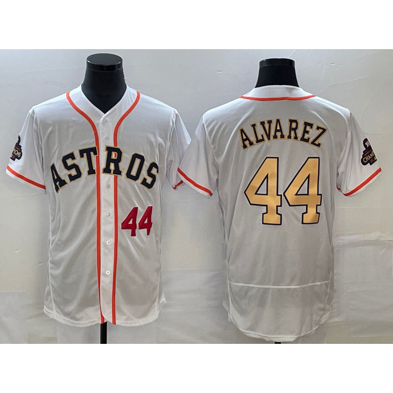 Baseball Jersey | Houston Astros #44 Yordan Alvarez Number 2023 White Gold World Serise Champions Patch Stitched - image 1