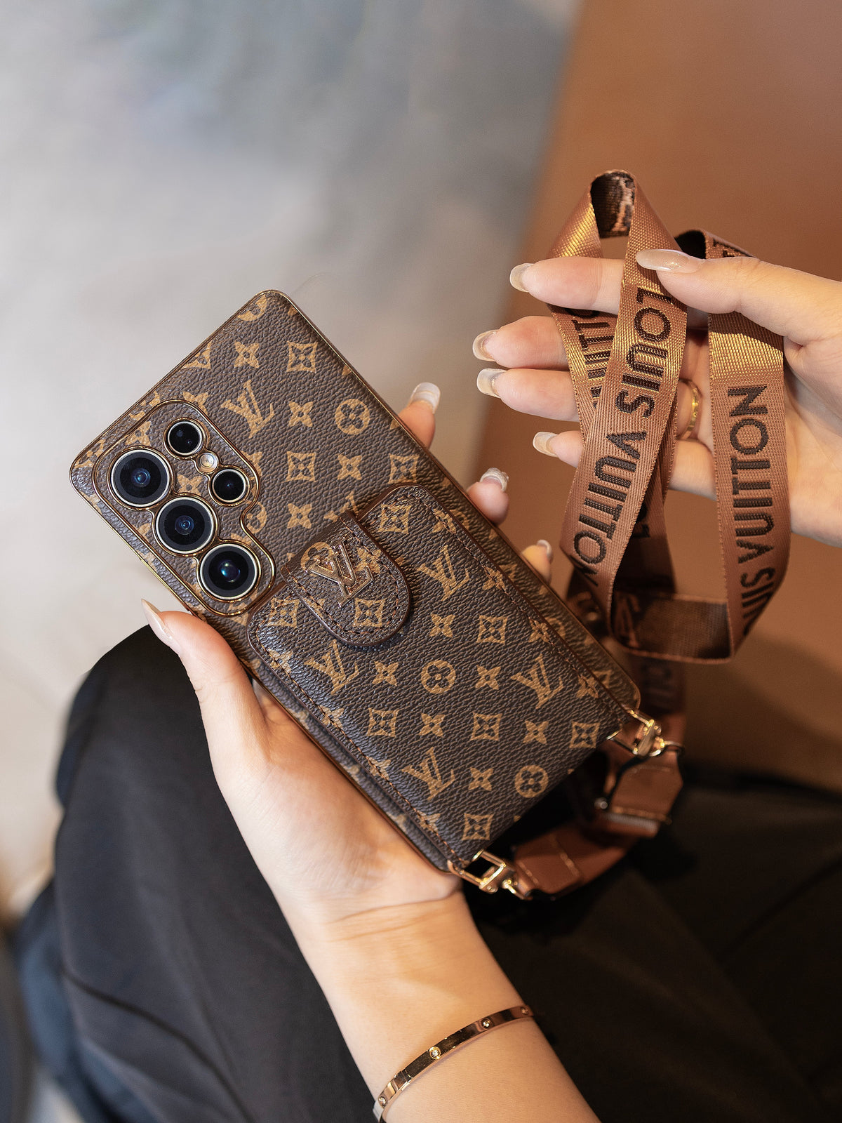 Monogram Leather Multi-Function Phone Case with Wrist Strap - product view 5