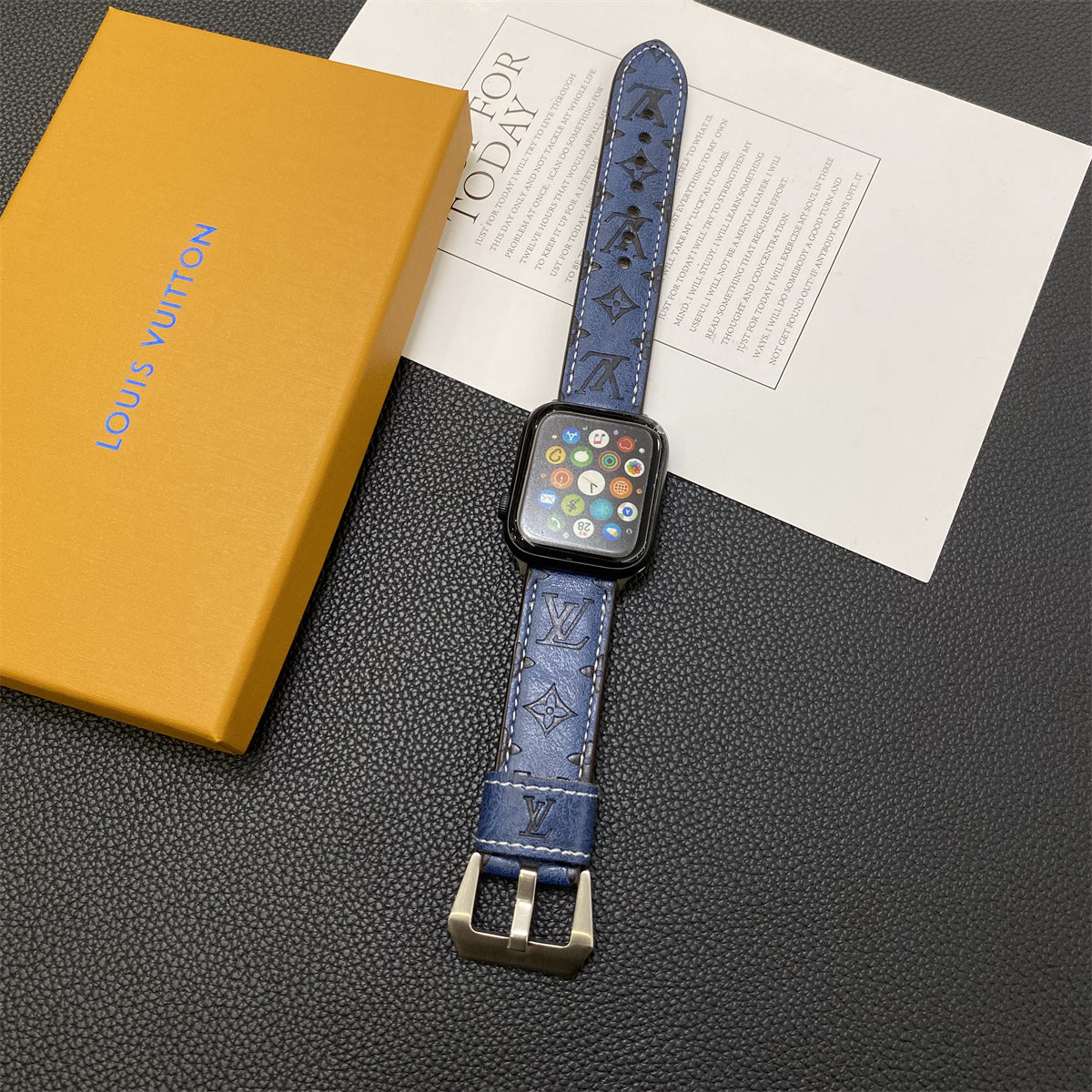 Leather Monogram Apple Watch Bands Leather Blue-YH24422 - product view 3