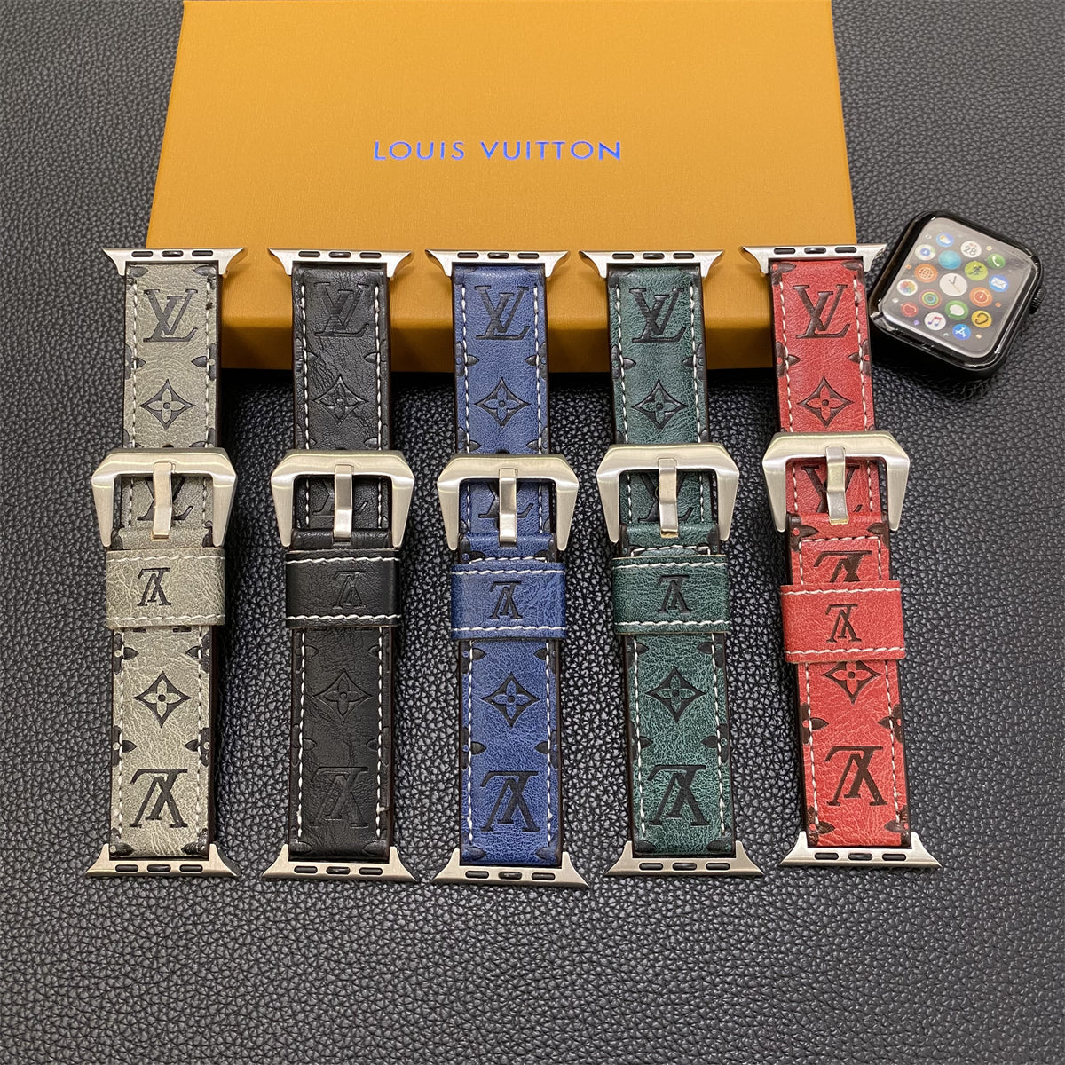 Leather Monogram Apple Watch Bands Leather Blue-YH24422 - product view 4