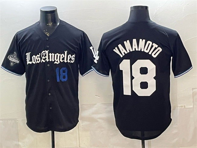 Baseball Jersey | Los Angeles Dodgers #18 Yoshinobu Yamamoto Black 2025 World Series Champions Patch 'Gothic Edition' Limited Stitched - image 1