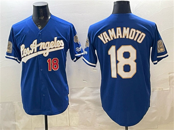 Baseball Jersey | Los Angeles Dodgers #18 Yoshinobu Yamamoto Royal 2026 Gold Collection 9x & B2B Champs Patch Stitched - image 1