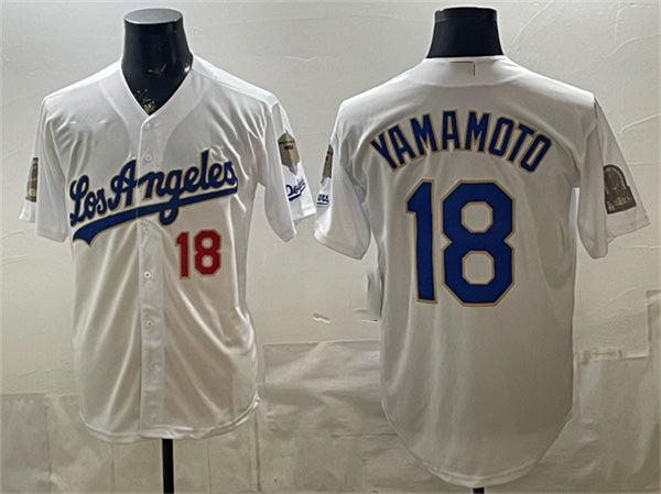 Baseball Jersey | Los Angeles Dodgers #18 Yoshinobu Yamamoto White 2026 Gold Collection 9x & B2B Champs Patch Stitched - image 1
