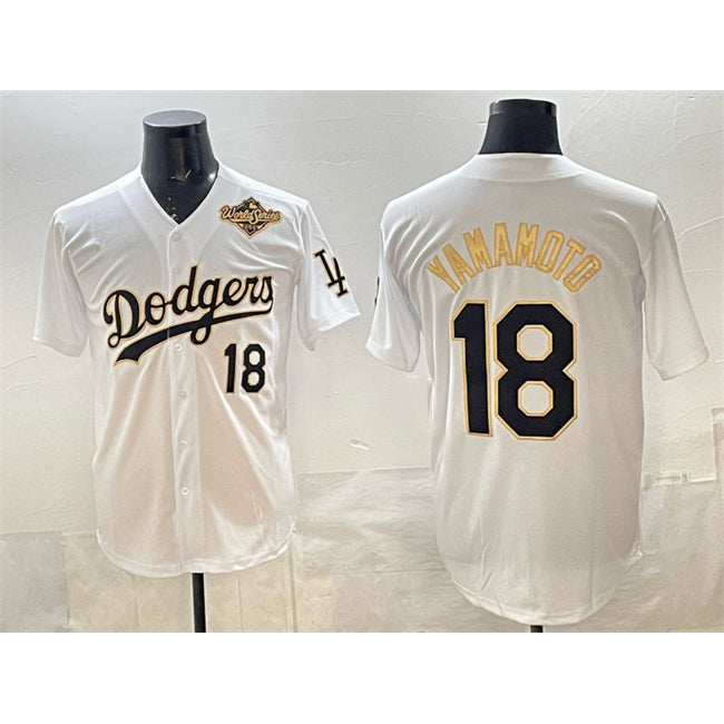 Baseball Jersey | Los Angeles Dodgers #18 Yoshinobu Yamamoto White Gold 2025 World Series Patch Limited Stitched - image 1