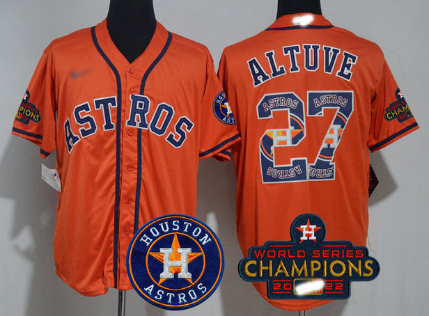 Baseball Jersey | Men's Houston Astros #27 Jose Altuve Orange Team Logo Fashion Stitched 2022 World Series Champions Patch Baseball Jerseys - image 1
