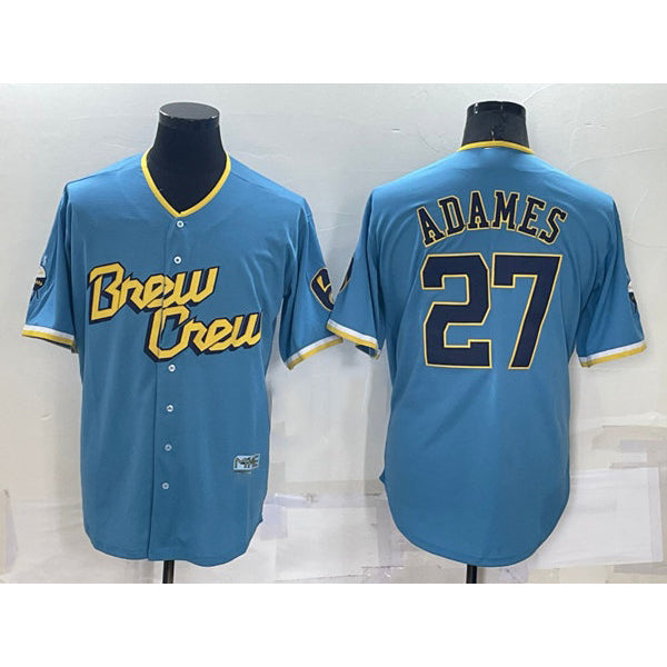 Baseball Jersey | Milwaukee Brewers #27 Willy Adames 2022 Powder Blue City Connect Stitched - image 1