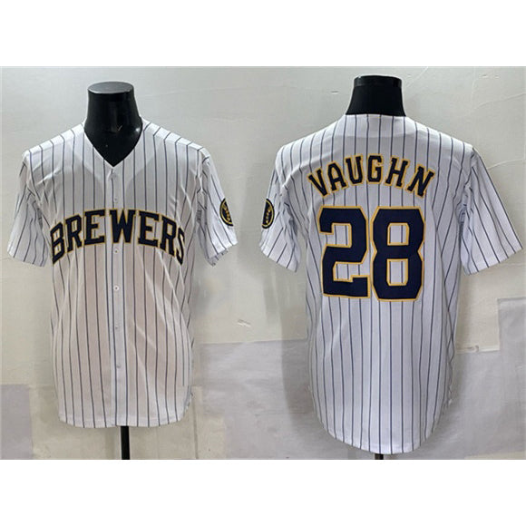 Baseball Jersey | Milwaukee Brewers #28 Andrew Vaughn White Pinstripe 2025 With Patch Stitched - image 1