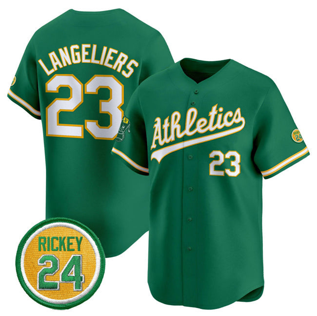 Baseball Jersey | Oakland Athletics #23 Shea Langeliers Green 2024 Limited With Rickey Henderson Patch Stitched - image 1